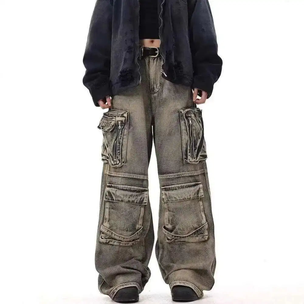 PFNW American Washed Distressed Denim Cargo Pants For Men Multi Pocket Spliced Design Hip-hop Loose Wide Leg Baggy Jeans 28W5622
