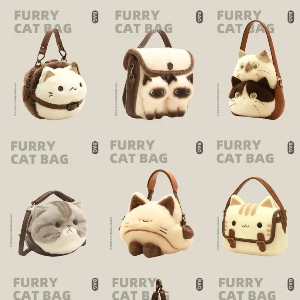 2025 Cute Plush Backpack Student Schoolbag Fashion Cartoon Furry Cat Bag Adorable Kitten Handbag for Woman Kids