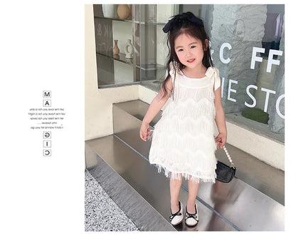 Girls Casual Dresses Fringe Bow Princess Dress Sleeveless Halter Dress for Kids White Princess Dress for Girls 2 To 7 Years