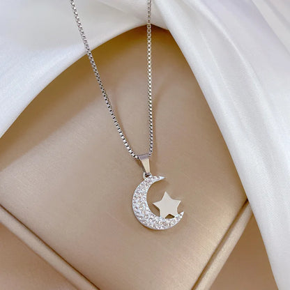 DIEYURO 316L Stainless Steel Moon Stars Pendant Necklace For Women Girl Fashion Clavicle Chain Choker Jewelry Gift Wedding