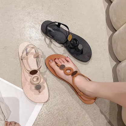 Roman Style Flat Rubber No Heel Pink Sandals for Women Beach Footwear Summer 2024 Open Toe Ladies Shoes Comfort Asian Size F H