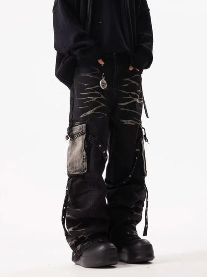 2025 Cyber Y2K Streetwear Ripple Strap Baggy Cargo Jeans Pants For Men Designer Clothes Wide Leg Black Multi Pockets Trousers