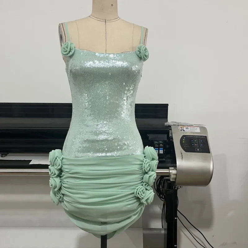 Sexy Spaghetti Strap Backless Prom Dresses for Women Luxury 2025 Summer Sequins Flower Lace-up Pleated Mini Dress Elegant Gowns