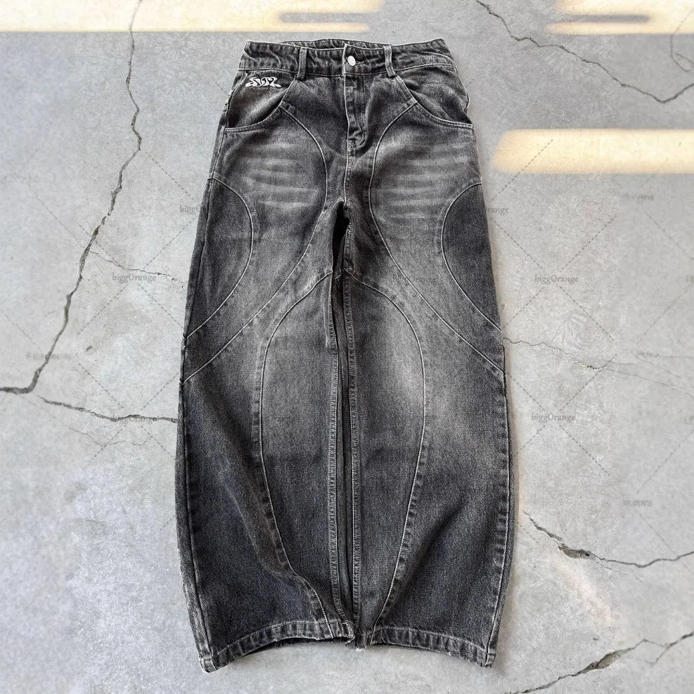 Men Straight Jean Denim Pants Jeans Ankle Length Pant Pockets Washed High Street Loose Spliced Distressed Zipper Fly Vintage