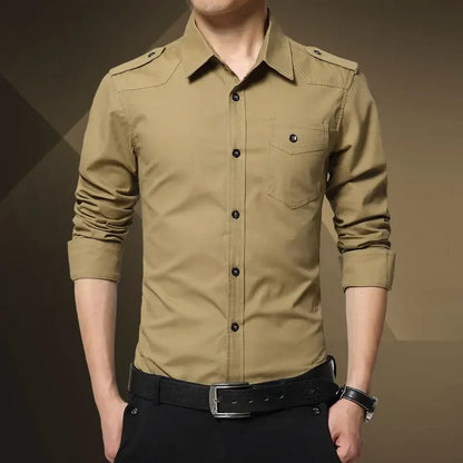 2025 Men's Epaulette Shirt Fashion Full Sleeve Epaulet Shirt Military Style 100% Cotton Army Green Shirts with Epaulets