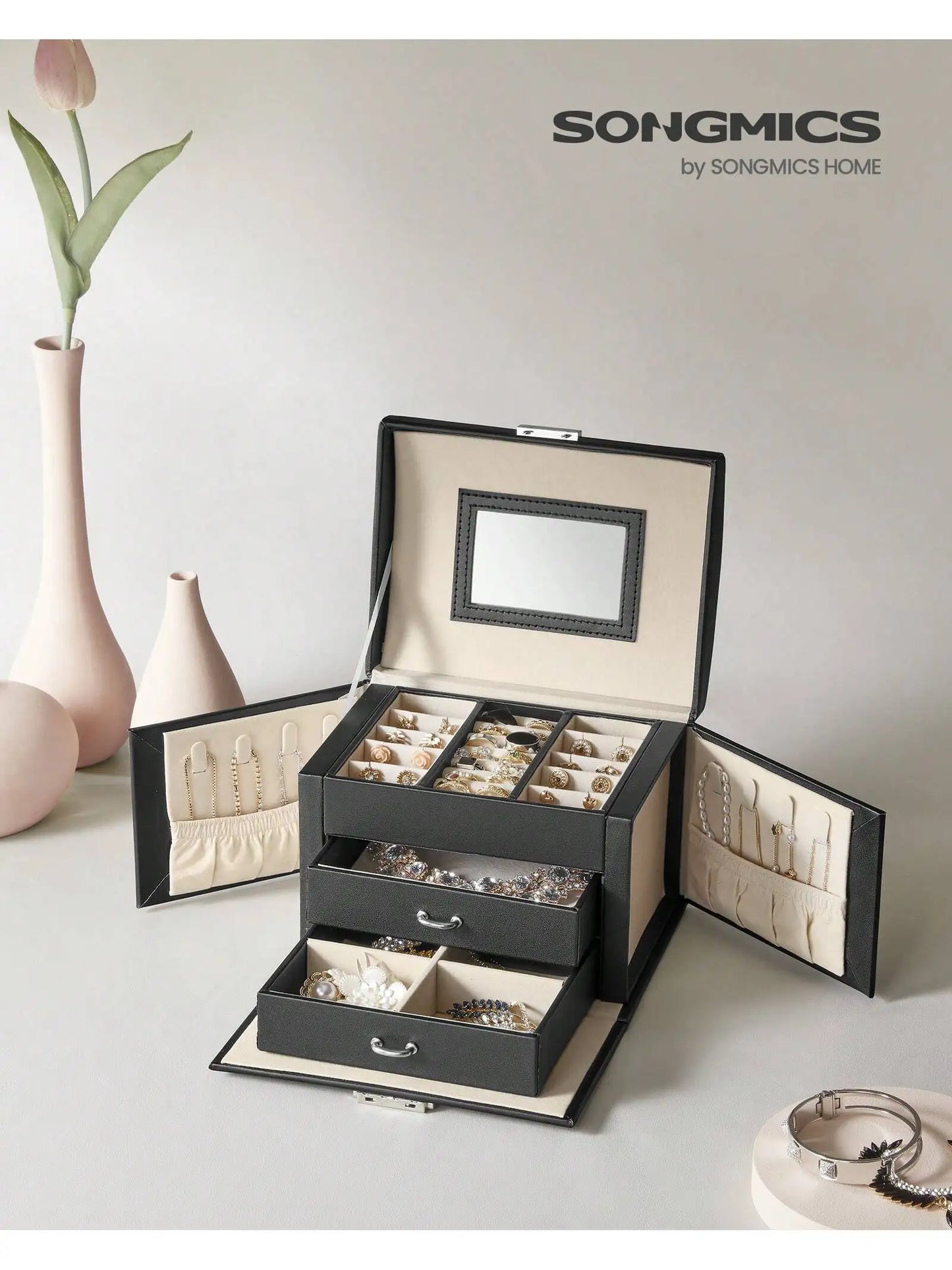 SONGMICS 3-TierJewellery Box,Lockable Organiser with Handle,2 Drawers,Travel Case with Mirror,Jewellery StorageModern Style Gift