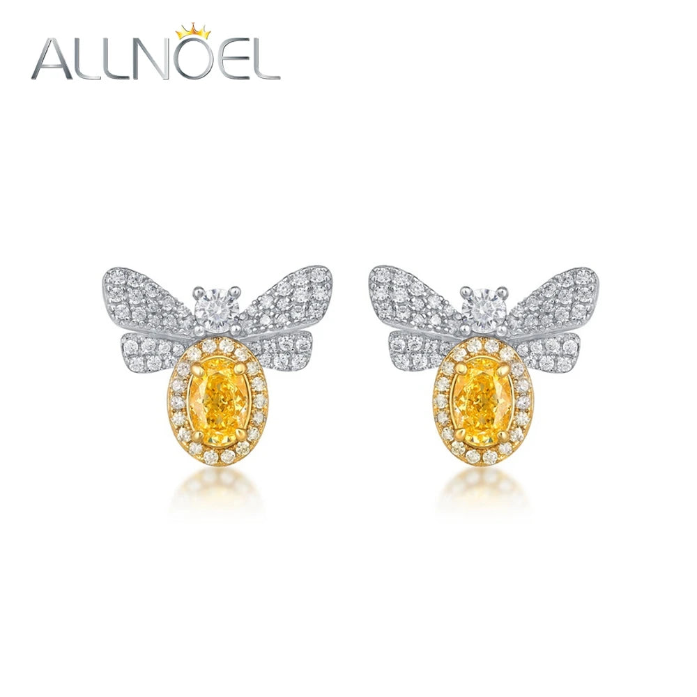 ALLNOEL 925 Sterling Silver Stud Earrings For Women Oval 4*6mm Yellow High Carbon Diamond Bee Jewelry Wedding Gift Wholesale