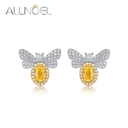 ALLNOEL 925 Sterling Silver Stud Earrings For Women Oval 4*6mm Yellow High Carbon Diamond Bee Jewelry Wedding Gift Wholesale