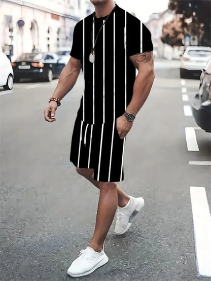 New summer men's comfortable and breathable digital printed round neck T-shirt shorts set suitable for outdoor leisure sports