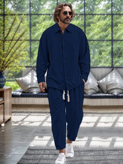Men's Long-Sleeved Two-Piece Fashion Comfortable Cotton And Linen Casual Pocket Lapel Single-Breasted Loose Street Suit