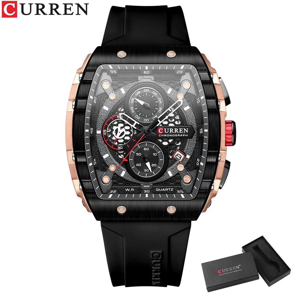CURREN New Fashion Square Dial & Silicone Strap  Mens Watches Luxury Sport Waterproof Watch Man Chronograph Quartz WristWatches
