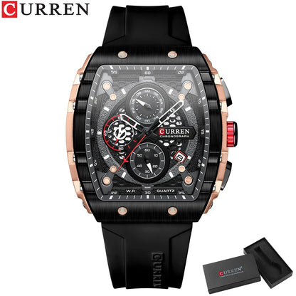 CURREN New Fashion Square Dial & Silicone Strap  Mens Watches Luxury Sport Waterproof Watch Man Chronograph Quartz WristWatches