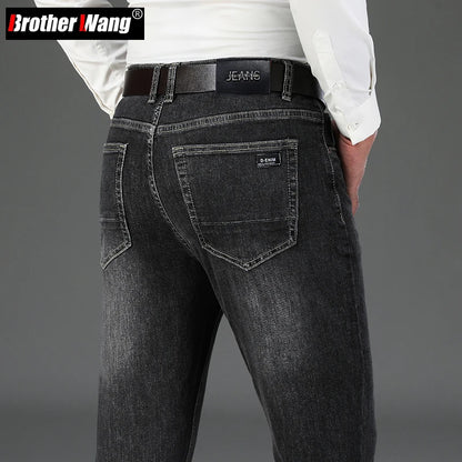 Autumn Winter Cotton Smoke Gray Men's Loose Straight Jeans Business Casual Elastic All-match Pants Denim Trousers Male Brand