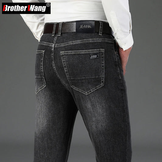 Autumn Winter Cotton Smoke Gray Men's Loose Straight Jeans Business Casual Elastic All-match Pants Denim Trousers Male Brand