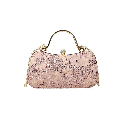 Elegant Luxury Evening Banquet Bag Shiny Flower Ladies Clutch Bag Rhinestone Metal Top Handle Chain Crossbody Bag Party