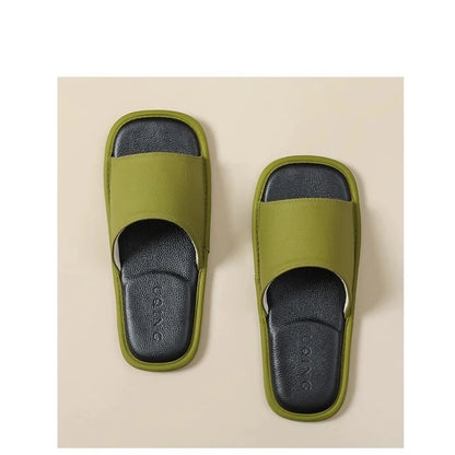 New Genuine Leather Slippers Men Square Open Toe Slides Shoes Home Mute Slippers Man Luxury Top Quality Guest Slipper Cowhide
