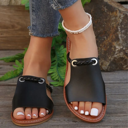 Women's Peep Toe Flat Slides, Casual Faux Leather Slip On Shoes, Lightweight Beach Slide Sandals