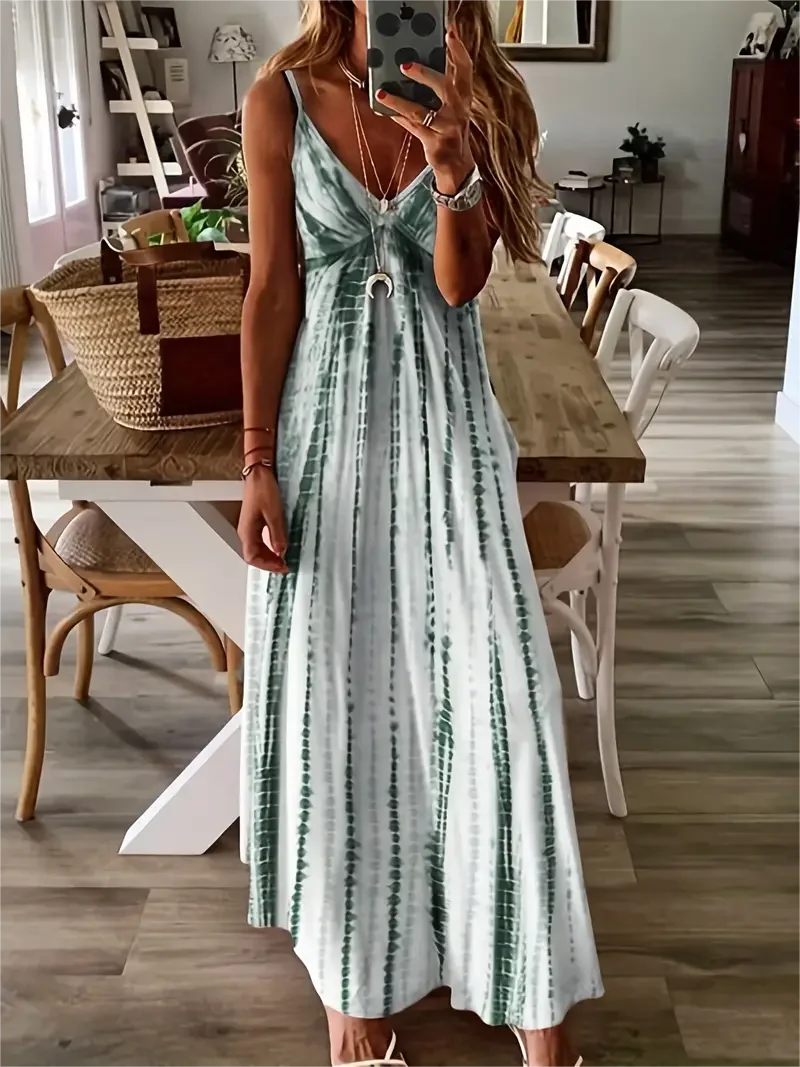 Sexy Graphic Print Maxi Dress with High Waist and V-Neck for Women