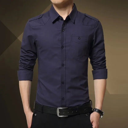 2025 Men's Epaulette Shirt Fashion Full Sleeve Epaulet Shirt Military Style 100% Cotton Army Green Shirts with Epaulets