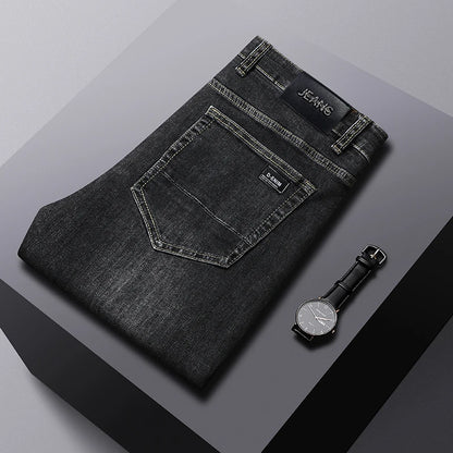 Autumn Winter Cotton Smoke Gray Men's Loose Straight Jeans Business Casual Elastic All-match Pants Denim Trousers Male Brand