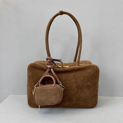 Autumn Winter Retro Suede Cowskin Tote Handbag Women Large Capacity Genuine Leather Armpit Bags Office Lady Single Shoulder Bag