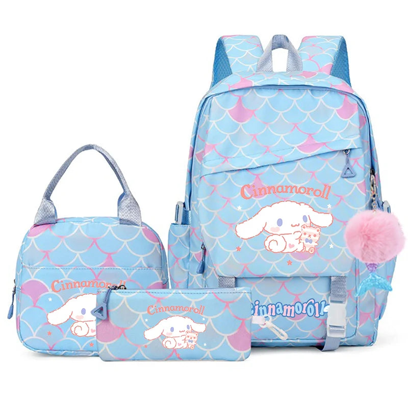3Pcs Cinnamoroll Fish Scale Kid Backpack With Mermaid Pendant Lunch Girl School Bag Children Schoolbag For Teenage Girls