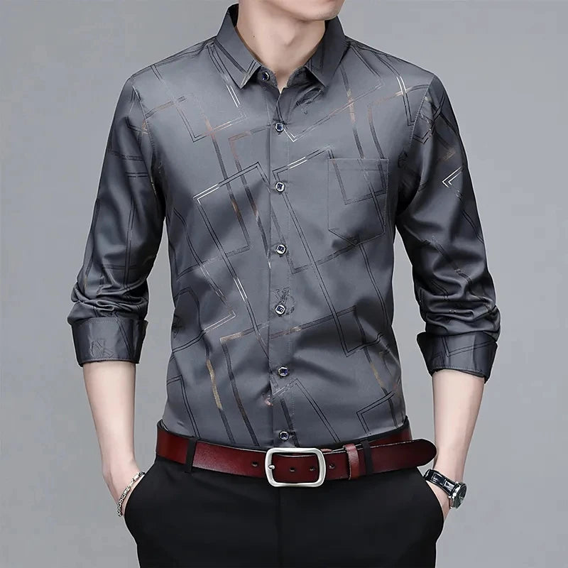 Men's Casual and Fashionable Long Sleeved Printed Shirt Non Ironing and Wrinkle Resistant Business Top