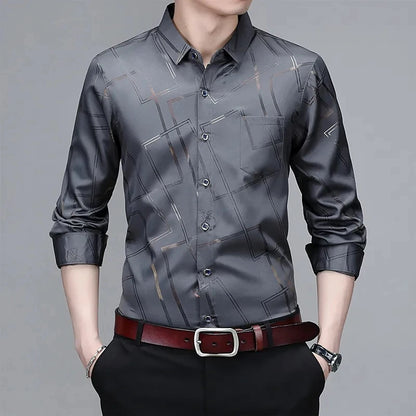 Men's Casual and Fashionable Long Sleeved Printed Shirt Non Ironing and Wrinkle Resistant Business Top