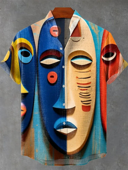 Men's Linen Batik Shirt Retro Short Sleeved Top Fashionable Summer Casual Ethnic Clothing Shirt Plus Size Streetwear