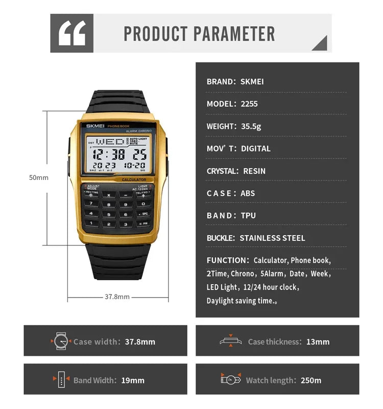 SKMEI 2255 Dual Time Sports calculator Watch for Men Countdown Casual Phone Book Digital Mens Wristwatches Montre Homme 1278