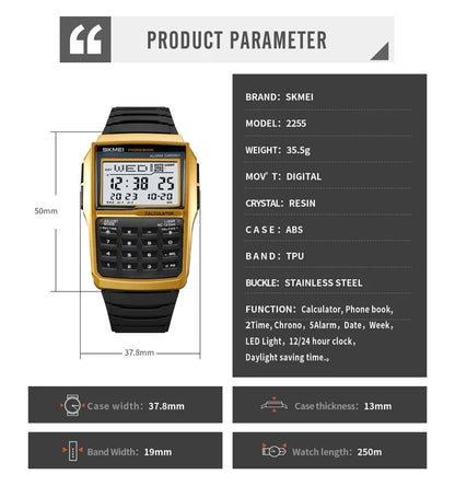 SKMEI 2255 Dual Time Sports calculator Watch for Men Countdown Casual Phone Book Digital Mens Wristwatches Montre Homme 1278