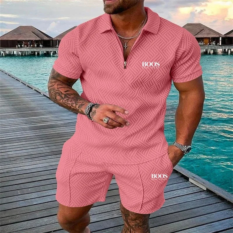 Summer men's embroidered high-quality zipper short sleeved shorts set, new fashionable and casual multifunctional beach set