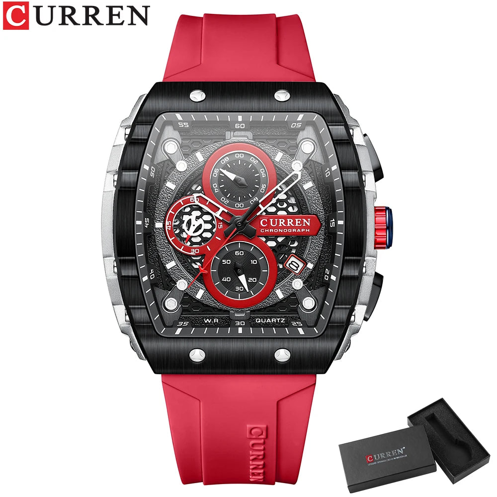 CURREN New Fashion Square Dial & Silicone Strap  Mens Watches Luxury Sport Waterproof Watch Man Chronograph Quartz WristWatches