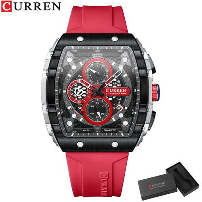CURREN New Fashion Square Dial & Silicone Strap  Mens Watches Luxury Sport Waterproof Watch Man Chronograph Quartz WristWatches