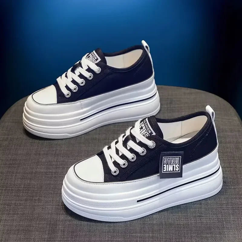 Casual Canvas Shoes 2024 New Women's Solid Color Thick Sole Sports Wedge Heel Height Increasing Breathable Vulcanized Women's