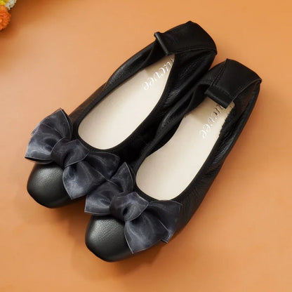 2024 Summer Genuine Leather Bowknot Ballerina Women's Flat Round Toe Comfort Slip-On Ladies Loafers Leather Single Mules Shoes
