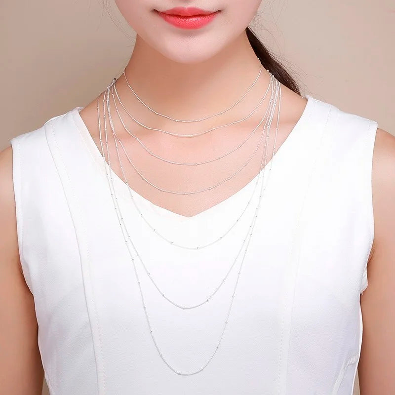 35-60cm Slim Thin Pure 925 Sterling Silver Beads Curb Chain Choker Necklaces Women Girls Jewelry Kolye Collares Collier Ketting