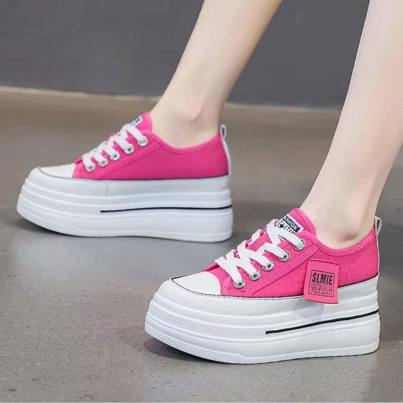 Casual Canvas Shoes 2024 New Women's Solid Color Thick Sole Sports Wedge Heel Height Increasing Breathable Vulcanized Women's