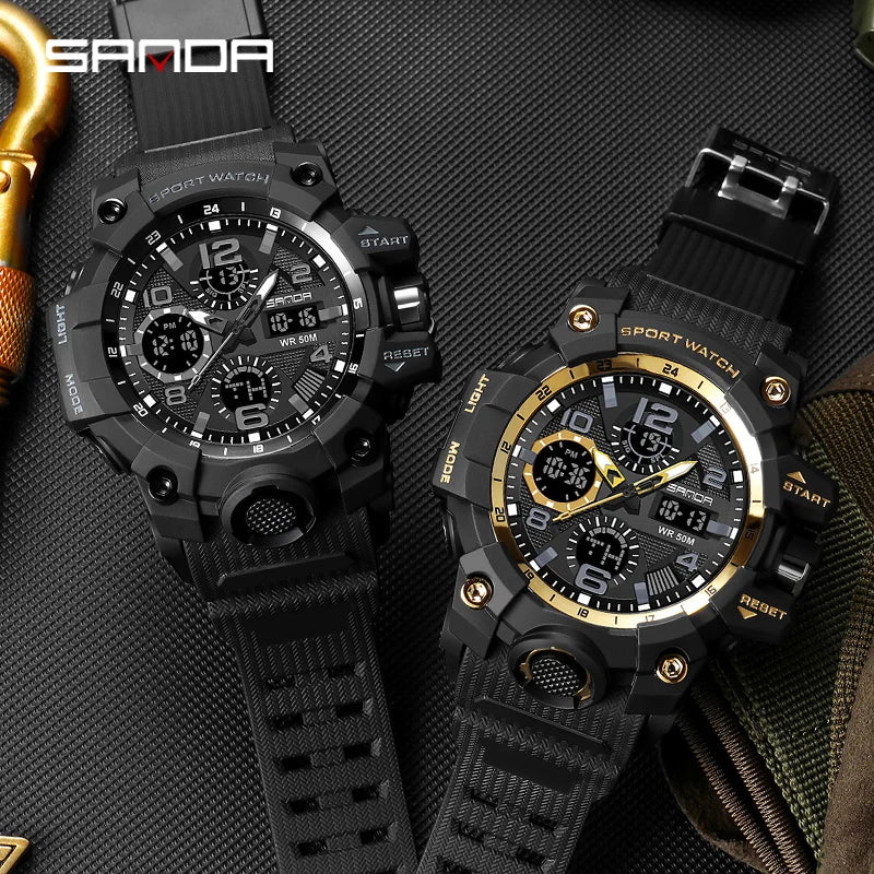 SANDA 6021 Sport Watch for Men Waterproof LED Dual Display Quartz Wristwatch Mens Digital Clock Military Stopwatch Reloj Hombre