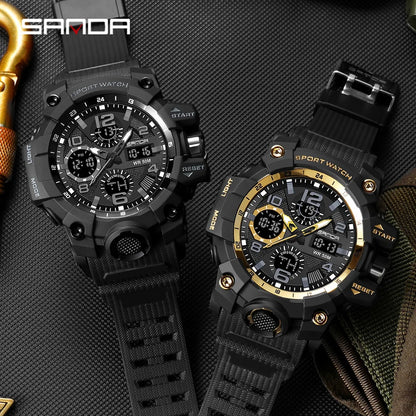 SANDA 6021 Sport Watch for Men Waterproof LED Dual Display Quartz Wristwatch Mens Digital Clock Military Stopwatch Reloj Hombre