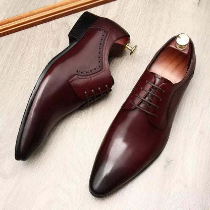 Leather shoes for men, lace up shoes for men, pointy, leather, high-end wedding, dress, Oxford, Lefu shoes, large, British style