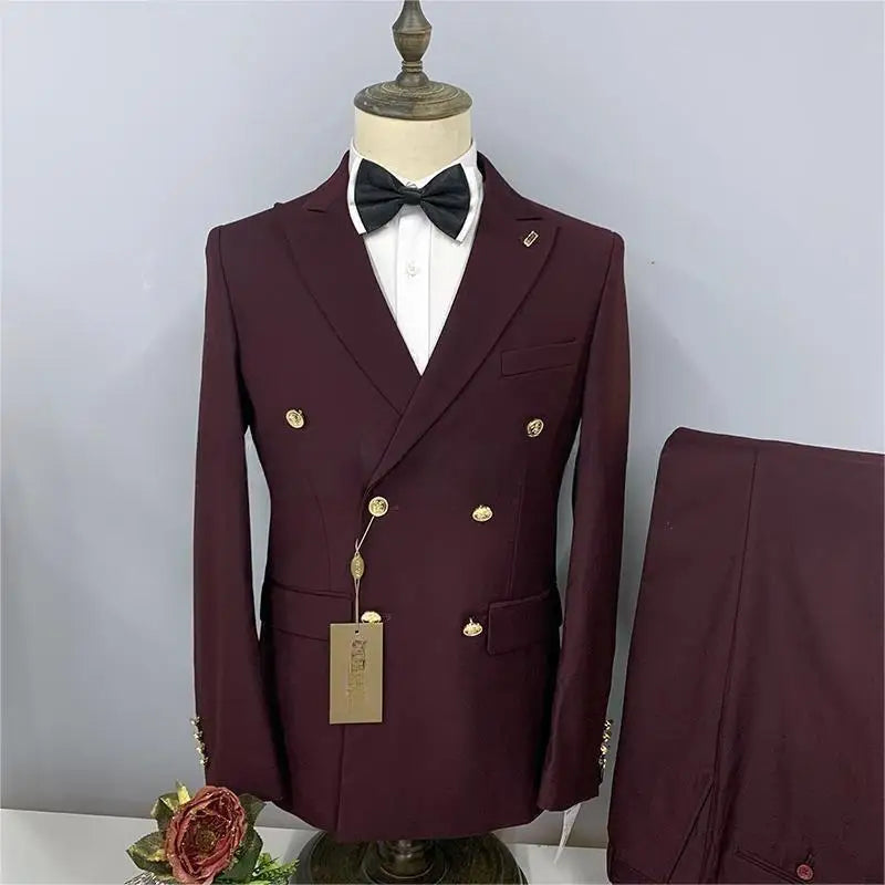 2024 Formal Business 2 Pieces Mens Suit Brown Tuxedos Double-breasted  Metal Jacket for Wedding Groom(Blazer+Pants)