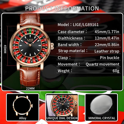 LIGE Quartz Man Watch Fashion Luxury Creative Roulette Game Dial Design Leather Casual Life Waterproof Watches for Men Gifts+Box