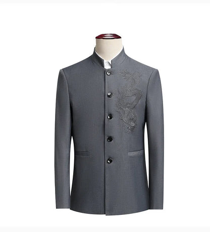 Elegant Black Chinese Dragon Embroidery Pattern Blazer for Men, Slim Fit Single-Breasted Gray Suit Jacket, Asian SizeM-6XL
