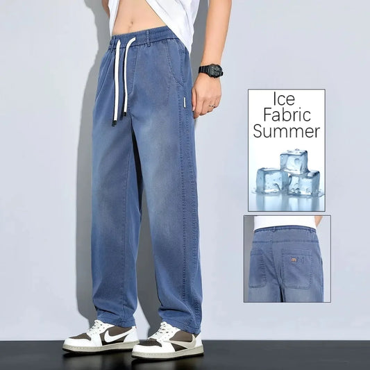 2025 New Ice Silk Thin Denim Jeans For Men Blue Straight Stretch Cotton Pants Business Casual Lightweight Trousers Spring Summer