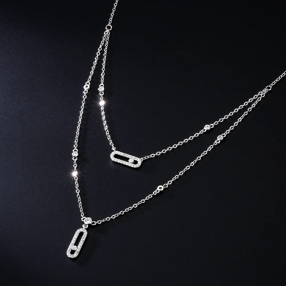 Paperclip Double-Layer Necklace Women With Full Diamonds Rectangular 18K Gold Pendant Long Tassel Clavicle Chain Daily Jewelry
