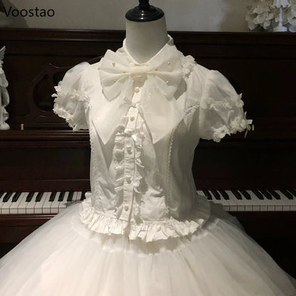 Japanese Vintage Elegant Lolita Shirt Women Classical Sweet Long Sleeve Ruffles Bow Casual Blouses Tops Victorian Gothic Blusas