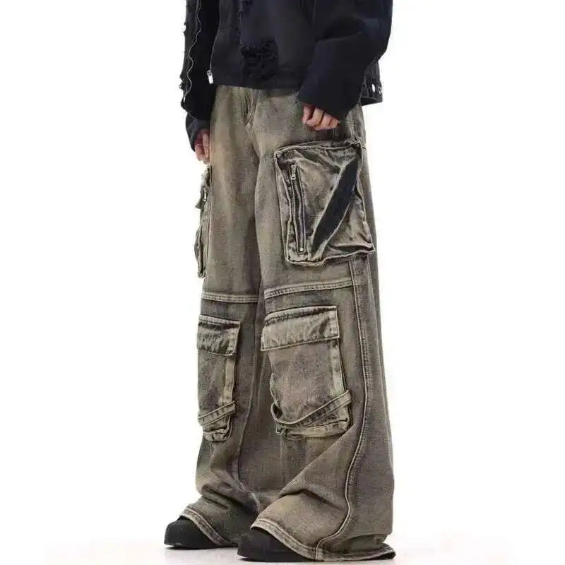 PFNW American Washed Distressed Denim Cargo Pants For Men Multi Pocket Spliced Design Hip-hop Loose Wide Leg Baggy Jeans 28W5622