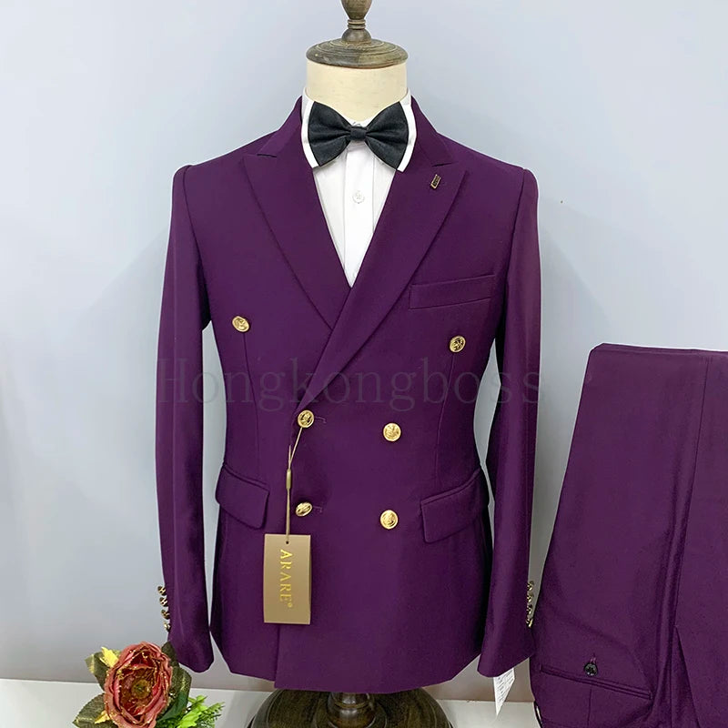 2024 Formal Business 2 Pieces Mens Suit Brown Tuxedos Double-breasted  Metal Jacket for Wedding Groom(Blazer+Pants)