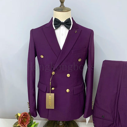 2024 Formal Business 2 Pieces Mens Suit Brown Tuxedos Double-breasted  Metal Jacket for Wedding Groom(Blazer+Pants)